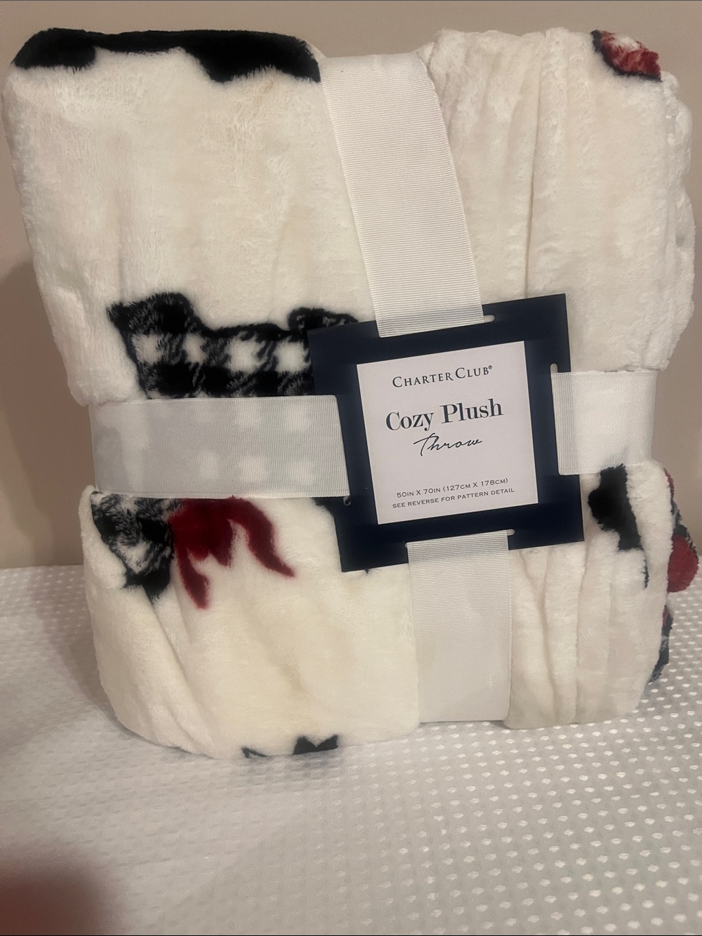 Charter Club Plush Throw Blanket in Cream with Black & Red Accents